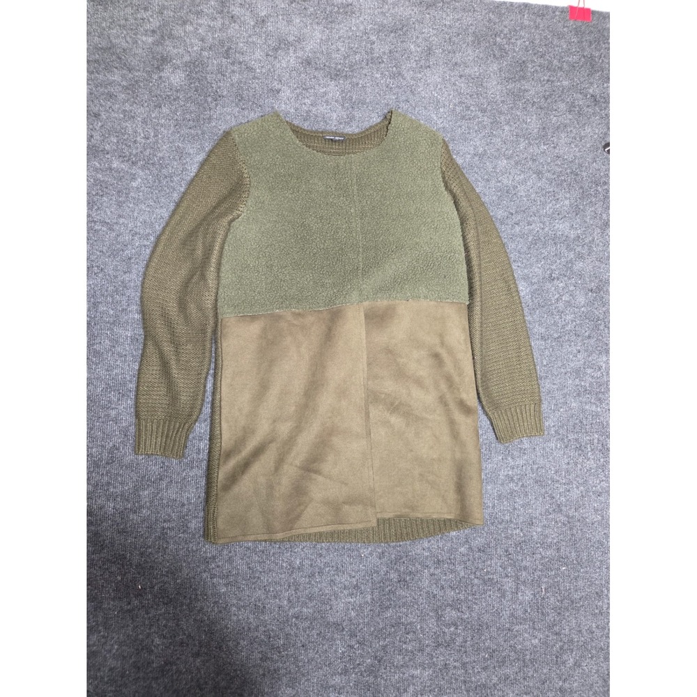 Dor Dor Couture Womens Olive Green‎ Mixed Media Faux Shearling Suede Tunic L